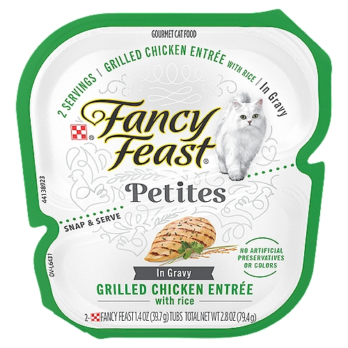Purina Fancy Feast Petites Grilled Chicken Entrée with Rice Gourmet Cat Food, 1.4 oz, 2 countnThrill your cat with the purr-worthy poultry flavor in each perfectly sized serving of Purina Fancy Feast Petites Grilled Chicken Entree With Rice in Gravy gourmet wet cat food. This ravishing recipe comes in fuss-free, snap-apart containers for your convenience. Just break the Fancy Feast wet cat food trays in two and serve a tasty dish. Each single serving cat food tray delivers a no mess, no leftover entree that lets you get back to what's truly important: spending time with your cat. Serve your little connoisseur an elegant dish made with real grilled chicken along with an appetizing rice and silky gravy for a decadent, gourmet cat food worthy of her. This cat food with gravy also has no artificial colors or preservatives for a recipe you can feel good serving. Look to Fancy Feast Petites for perfectly sized, single serve cat food recipes in irresistible flavors and varieties, all sure to leave your fancy feline licking her whiskers in satisfaction.