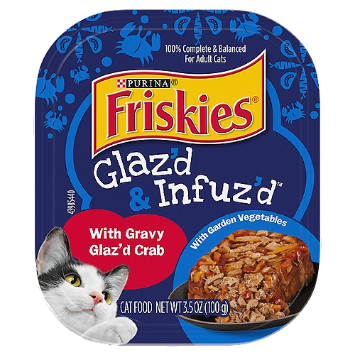Purina Friskies Wet Cat Food, Glaz'd & Infuz'd With Gravy Glaz'd Crab - 3.5 oz. Tray
Thrill your cat with the taste of the sea when you serve her a delightful dish of Purina Friskies Glaz'd and Infuz'd With Gravy Glaz'd Crab wet cat food. Made with real seafood and visible accents of garden veggies, these easy-to-open, easy-to-serve Friskies cat food tubs create an exciting mealtime experience. Listen for the sound of her running paws when she catches sight of the yummy grilled pieces that are infuz'd in a thick gravy-glaze. With every bite of this yummy gravy cat food, your cat will be amaz'd by glaz'd. Serve this premium cat food tray plated as a nibble-worthy, form-holding loaf, or break it up with a fork for a tasty gravy-coated, meaty meal — either way she is sure to be excited by the unique texture! Also, our adult cat food recipe contains 100% complete and balanced nutrition to support her in all her adventures. With four yummy glaz'y flavors to choose from, you can always inspire your cat's love for a scrumptious meal.

Purina Friskies Glaz'D + Infuz'D with Gravy Glaz'D Crab is formulated to meet the nutritional levels established by the AAFCO Cat Food Nutrients Profiles for maintenance of adult cats.