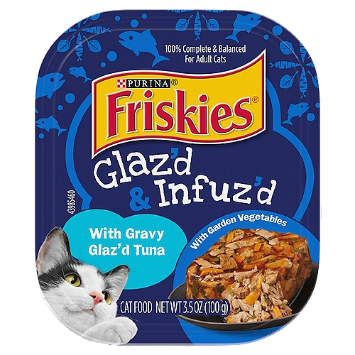 Purina Friskies Gravy Wet Cat Food, Glaz'd & Infuz'd With Gravy Glaz'd Tuna - 3.5 oz. Tray
Astonish your cat with the flavor-filled magic of Purina Friskies Glaz'd and Infuz'd With Gravy Glaz'd Tuna wet cat food. Mealtime reaches new heights with the unique combo of scrumptious taste and texture in this Friskies wet cat food with tuna. We infuse the tender grilled pieces that cats adore with a thick gravy-glaze that sticks to every bite. Made with real tuna and accents of visible veggies for added variety. Even better, this purr-fectly yummy kitty food provides your adult cat with 100% complete and balanced nutrition. Our Glaz'd and Infuz'd wet cat food recipes have a unique texture, giving your cat a meal she didn't even know she could meow for. Present our tasty grilled cat food as a form-holding loaf, or break it apart with a fork for gravy-coated goodness. Try all four deliciously glaz-y flavors to see which gets the most purrs from your furry friend.

Purina Friskies Glaz'D + Infuz'D with Gravy Glaz'D Tuna is formulated tp meet the nutritional levels established by the AAFCO Cat Food Nutrient Profiles for maintenance of adult cats.