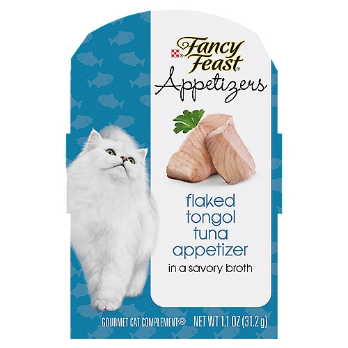 Purina Fancy Feast Limited Ingredient, Grain Free Cat Food Complement, Tongol Tuna - 1.1 oz. Tray
Bring bliss to any moment in your cat's day with Purina Fancy Feast Appetizers Flanked Tongol Tuna gourmet cat food complement. Our hand-crafted cat food toppers offer the perfect little way to make her day. Tender bites of real tongol tuna in a delicate broth invite your cat to experience gourmet taste at its most refined. Made with real, high-quality ingredients, this is an appetizer that looks good enough for you, crafted especially for her. We make our limited ingredient wet cat food complement to meet your ingredient criteria with no grains, meat by-products or fillers. Serve Fancy Feast appetizers for cats any time of day — this single-serve adult cat food complement tray is just the right size for a delicious between-meal snack. Or, you can spoon this recipe over her favorite Fancy Feast cat food to create a fine-dining experience sure to have her purring. For more ways to delight your cat, explore our other premium cat food toppers, including Fancy Feast Broths cat food complements.