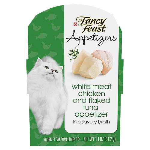 Fancy Feast Appetizers White Meat Chicken and Flaked Tuna Appetizer Gourmet Cat Complement, 1.1 oz
White Meat Chicken and Flaked Tuna Appetizer in a Savory Broth Gourmet Cat Complement