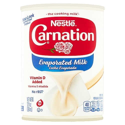 Nestlé Carnation Evaporated Milk, 12 fl oz
No rBST†
†No significant difference has been shown between milk derived from rBST-treated and non-rBST treated cows.

Thoughtful Portion™
1 portion = 2 tbsps. (30mL) Carnation® Evaporated Milk is nutritious milk from which half the water has been removed.