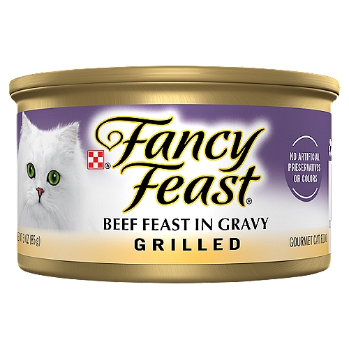Purina Fancy Feast Gravy Grilled Wet Cat Food, Beef Feast - 3 oz. Can
Fancy Feast Grilled Beef Feast in Gravy is Formulated to Meet the Nutritional Levels Established by the AAFCO Cat Food Nutrient Profiles for Maintenance of Adult Cats.

Give your cat the savory, meaty goodness she craves when you serve Purina Fancy Feast Grilled Beef Feast in Gravy adult wet cat food. The tender pieces of beef are slow-cooked to perfection, and the rich gravy balances out this protein-rich recipe for a mouthwatering finish that will make her lick her paws. High-quality ingredients combine to deliver an exceptional level of taste in every bite, and the small cuts of beef are easy for her mouth to manage. Plate this gourmet cat food with a blade of cat grass to create an elevated dining experience for your feline companion, and let her know you pay attention to her discerning tastes. Be sure to explore our other Fancy Feast Grilled varieties, including Grilled Turkey and Giblets Feast in Gravy and Grilled Ocean Whitefish and Tuna Feast, to give her a wide array of flavor combinations she won't be able to resist at mealtime.