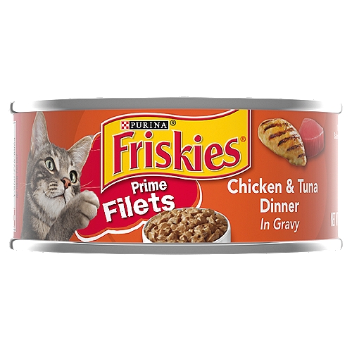 Purina Friskies Gravy Wet Cat Food, Prime Filets Chicken & Tuna Dinner in Gravy - 5.5 oz. Can
Purina Friskies Prime Filets Chicken & Tuna Dinner in Gravy is formulated to meet the nutritional levels established by the AAFCO Cat Food Nutrient Profiles for maintenance of adult cats.

Make your cat's mouth water with anticipation every time you serve Purina Friskies Prime Filets Chicken and Tuna Dinner in Gravy wet cat food. Real chicken and tuna deliver the purr-fect flavor combination your cat adores as an innate meat eater, and the delicate, shredded chunks give her a delectable texture she can't wait to sink her teeth into. Watch as the rich aroma piques her curiosity every time you open a can and pour it into her bowl, and let her delight in the savory juices that add extra flavor and moisture to each bite. With 100 percent complete and balanced nutrition for adult cats in every serving, this Purina Friskies Prime Filets recipe makes it easy to offer her high-quality meals that also meet her nutritional needs. Fill her dish with this canned wet cat food at mealtime, and show your cat that you pay attention to her cravings.