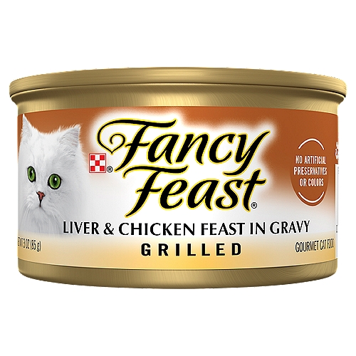 Let Fancy Feast delight your cat with an exceptional mealtime experience every time you open a can of Fancy Feast Grilled Cat Food Liver and Chicken Feast in Gravy Cat Food. Crafted in partnership with our expert chefs and nutritionists, this protein-rich, wet food for cats features the irresistible taste combination of chicken and liver while delivering 100 percent complete and balanced nourishment. Also included in this flavorful, high-quality soft cat food is a blend of vitamins and minerals to support your cat's whole-body health and a light, savory cat food gravy to tempt their tastebuds. This premium canned cat food recipe is made without artificial colors or preservatives, so you know your cat is getting everything they need and nothing they don't. Show your cat how much you care with a can of Grilled Fancy Feast wet cat food and watch them savor the spellbinding aroma, enticing texture and delectable flavor sensation down to the very last bite.
