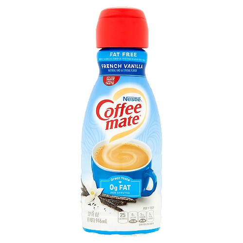 Nestlé Coffee Mate Fat Free French Vanilla Coffee Creamer, 32 fl oz
Reduced calorie 25% fewer calories than regular French vanilla

Calorie content has been reduced from 35 to 25 calories per serving.

Classic for a Reason
Your day just isn't the same unless you've got the taste of warm, rich vanilla on your side. It's perfect for when your coffee needs a little something extra - because this vanilla is anything but plain.