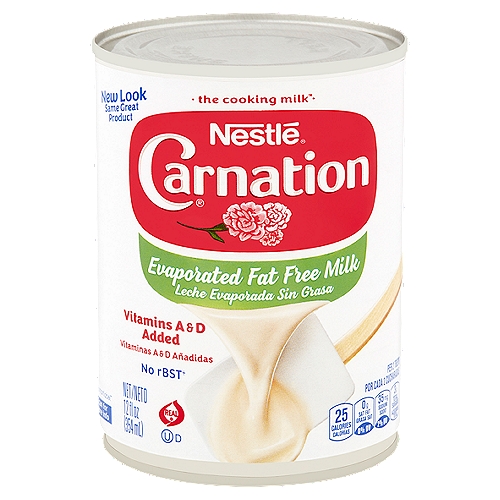 Nestlé Carnation Evaporated Fat Free Milk, 12 fl oz
No rBST†
†No significant difference has been shown between milk derived from rBST-treated and non-rBST treated cows.

Thoughtful Portion™
1 portion = 2 tbsps. (30mL) Carnation® Evaporated Milk is nutritious milk from which half the water has been removed.