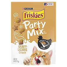 Purina Friskies Cat Treats, Party Mix Crunch Gravylicious Chicken & Gravy Flavors - 6 oz. Pouch, 6 Ounce