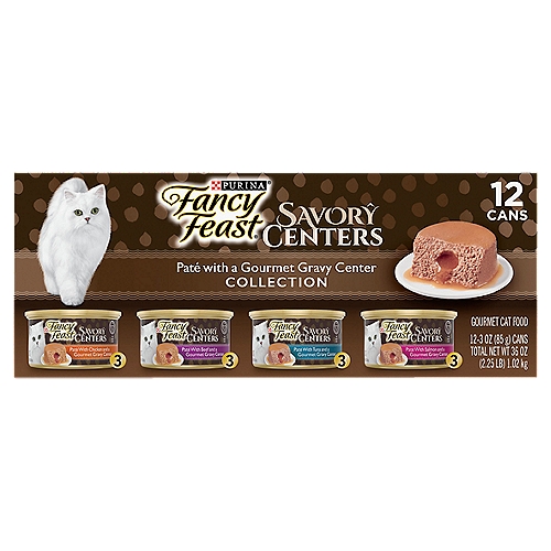 Purina Fancy Feast Pate Wet Cat Food Variety Pack, Savory Centers - (12) 3 oz. Pull-Top Cans
Savory Centers Paté with a Gourmet Gravy Center Collection Cat Food

Fancy Feast Savory Centers with Chicken, Fancy Feast Savory Centers with Beef, Fancy Feast Savory Centers with Tuna, Fancy Feast Savory Centers with Salmon are formulated to meet the nutritional levels established by the AAFCO Cat Food Nutrient Profiles for maintenance of adult cats.

Paté with tuna and a gourmet gravy center - Dolphin Safe

Thrill your feline connoisseur with the innovative dual-texture recipes found in this Purina Fancy Feast Savory Centers With Pate and Gourmet Gravy Center adult wet cat food variety pack. She can enjoy the delicate, smooth pate she loves without sacrificing the thick, savory gravy she craves. Made with real, high-quality ingredients, each delicious recipe provides 100 percent complete and balanced nutrition for adult cats. She gets the great flavor she expects from Fancy Feast, and you get the peace of mind that comes from knowing her meals contain essential vitamins and minerals that support her overall health. When your fish-loving feline is in the mood for seafood, open a can of Savory Centers With Salmon Pate or Tuna Pate. Rotate these flavors with the Fancy Feast Savory Centers With Beef Pate or Chicken Pate selections for exciting variety that keeps her wondering what's on her mealtime menu. The hidden gourmet gravy center in each canned cat food recipe is like a buried treasure just waiting for her delighted discovery.