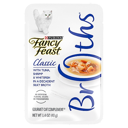 Create a gourmet dining experience for your darling cat with a Purina Fancy Feast Broths Classic With Tuna, Shrimp and Whitefish Gourmet adult cat food complement. Morsels of real tuna, shrimp and whitefish combine in this grain nfree wet cat food mixer to offer the delicate seafood flavors cats love, and the decadent, silky broth is sure to have her lapping up every last mouthwatering drop. We make our limited ingredient cat food toppers with real, recognizable ingredients you can see and no artificial flavors, colors or preservatives, so you can feel good about offering them to your feline friend. With the unmistakable taste and tender texture your cat craves, this simply crafted premium cat food broth recipe is a true feast for her senses. Serve a pouch of this delectable gourmet cat food topping daily as an addition to her complete and balanced adult cat food diet, and watch as she delights in the lickable, savory broth and handcrafted ingredients found in every bite.