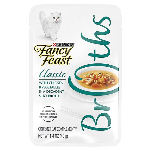 Purina Fancy Feast Broths Classic with Chicken & Vegetables Cat Food, 1.4 oznClassic with Chicken & Vegetables in a Decadent Silky Broth Cat Food