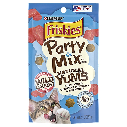 Purina Friskies Natural Cat Treats, Party Mix Natural Yums With Real Tuna - 2.1 oz. Pouch
Friskies Party Mix Natural Yums with Real Tuna is formulated to meet the nutritional levels established by the AAFCO Cat Food Nutrient Profiles for maintenance of adult cats.

Turn ordinary moments into special shared celebrations by offering your cat Friskies Party Mix Natural Yums With Real Tuna With Added Vitamins, Minerals and Nutrients cat treats. Made with real tuna to tempt even the finickiest feline, Natural Yums spark your cat's excited anticipation as soon as she hears you open the pouch. We craft our tasty, natural cat treats from real ingredients and without artificial flavors, colors or preservatives. We add vitamins, minerals and nutrients to create a snack you can feel great about serving. The fun shapes keep your curious kitty engaged, and the crunchy texture helps her teeth stay clean. Friskies Party Mix Natural Yums are manufactured in USA facilities, so you can enjoy the peace of mind that comes from knowing exactly where your cat's treats are manufactured. To keep snack time exciting, let your cat try our other delicious Natural Yums varieties.