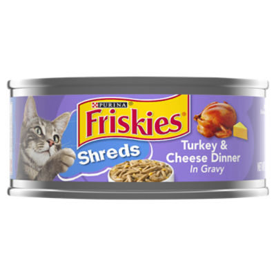 Purina Friskies Gravy Wet Cat Food, Shreds Turkey & Cheese Dinner - 5.5 oz. Can