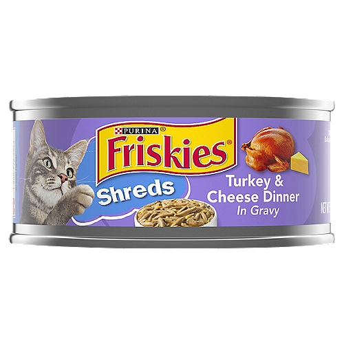 Purina Friskies Gravy Wet Cat Food, Shreds Turkey & Cheese Dinner - 5.5 oz. Can