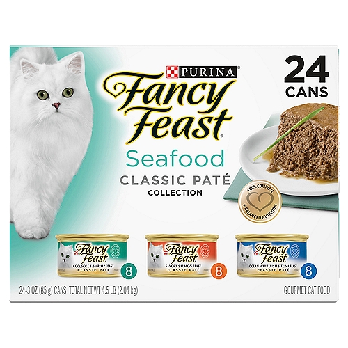 Purina Fancy Feast Seafood Classic Paté Collection Gourmet Cat Food, 3 oz, 24 count
Fancy Feast Classic Paté Cod, Sole & Shrimp Feast, Fancy Feast Classic Paté Savory Salmon Feast and Fancy Feast Classic Paté Ocean Whitefish & Tuna Feast are formulated to meet the nutritional levels established by the AAFCO Cat Food Nutrient Profiles for all life stages.