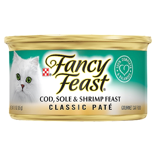 Fancy Feast Cod Sole & Shrimp Feast Classic Paté Gourmet Cat Food, 3 oznFancy Feast Classic Classic Cod, Sole & Shrimp Feast is Formulated to Meet the Nutritional Levels Established by the AAFCO Cat Food Nutrient Profiles for All Life Stages.