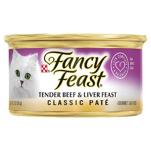 Show appreciation for your cat by giving her a gourmet meal of Purina Fancy Feast Classic Tender Beef & Liver Feast wet cat food. This tasty grain-free recipe provides complete and balanced nutrition.