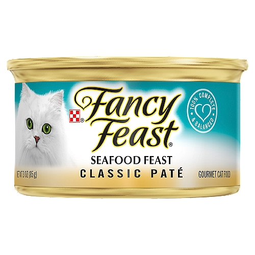 Portion out a helping of Purina Fancy Feast Classic Seafood Feast wet cat food, and give your cat the savory flavors and tender texture she loves. High-quality ingredients deliver added peace of mind.