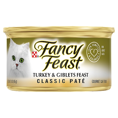 Fancy Feast Classic Paté Turkey & Giblets Feast Gourmet Cat Food, 3 oz
Fancy Feast Classic Paté Turkey & Giblets Feast is formulated to meet the nutritional levels established by the AAFCO Cat Food Nutrient Profiles for maintenance of adult cats.