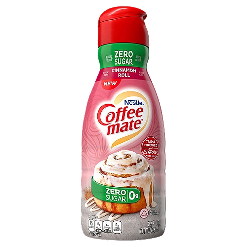 CML Zero Sugar Cinnamon Roll, 32 fl oz
Coffee Creamer

Reduced Calorie*
*55% Fewer Calorie than Regular Flavored Coffee Mate®.

America's #1 Creamer†
†Based on total dollar sales by brand.

Dessert for Every Day
What better way to start your day than with the taste of an Ooey-Gooey fresh-bakes cinnamon roll.

Calorie content has been reduced from 35 to 15 calories per serving.

Thoughtful Portion™
Use in moderation for your perfect cup. 1 Tbsp = 15 calories