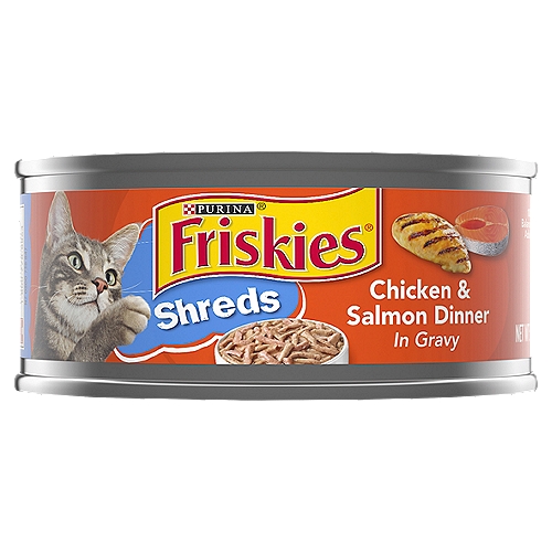 Purina Friskies Shreds Chicken & Salmon Dinner in Gravy Cat Food, Adult & Kittens, 5.5 oz
Purina Friskies Shreds Chicken & Salmon Dinner in Gravy is formulated to meet the nutritional levels established by the AAFCO Cat Food Nutrient Profiles for growth of kittens and maintenance of adult cats.