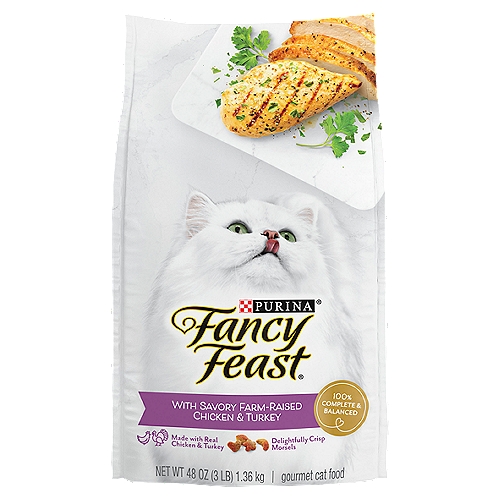Satisfy your cat's cravings for delicious gourmet meals with high nutrition by serving Fancy Feast Gourmet Premium Dry Cat Food with Savory Chicken and Turkey. Crisp Purina cat food dry morsels, lightly cooked and basted, offer the crunchy texture to please her palate, while the savory flavor combination of real chicken and turkey delivers the exceptional Fancy Feast cat food taste cats love. Essential vitamins for cats, plus minerals in every serving, support your cat's overall health and wellness, so you can feel confident she's getting the perfect balance of taste and nutrition every time you fill her dish. With a high-quality cat kibble recipe and delicious ingredients, this gourmet kibble cat food lets you show your favorite feline just how much you love her. She's sure to come running as she hears the crunchy kibble cat food bites hit her bowl, and you can rest easy knowing she's getting 100 percent complete and balanced nutrition backed by a brand you can trust.