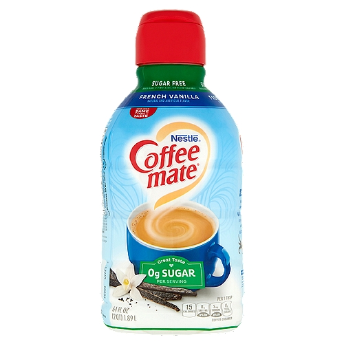 Nestlé Coffee Mate French Vanilla Coffee Creamer, 64 fl oz
Reduced calorie 55% fewer calories than regular French vanilla

Classic for a Reason
Your day just isn't the same unless you've got the taste of warm, rich vanilla on your side. It's perfect for when your coffee needs a little something extra - because this vanilla is anything but plain.

Calorie content has been reduced from 35 to 15 calories per serving.