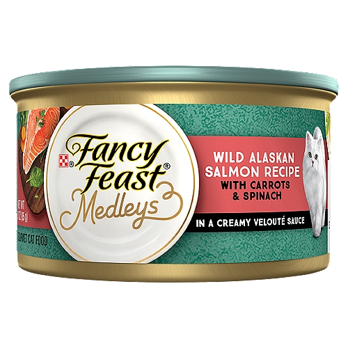 Fancy Feast Medleys Wild Alaskan Salmon Recipe with Carrots & Spinach in a Creamy Veloute Sauce is Formulated to Meet the Nutritional Levels Established by the AAFCO Cat Food Nutrient Profiles for Maintenance of Adult Cats.