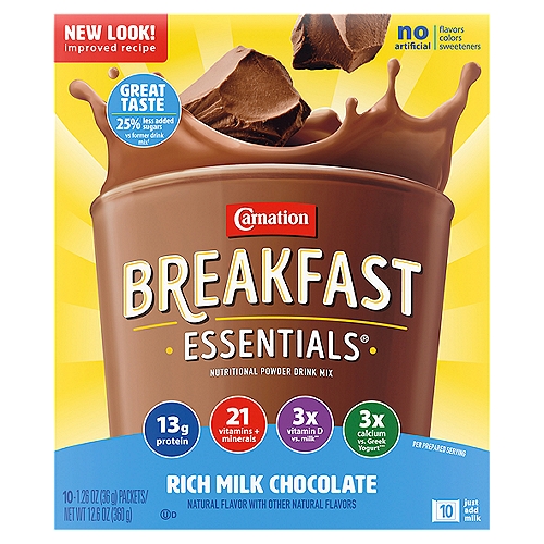 Carnation Breakfast Essentials Rich Milk Chocolate Nutritional Powder Drink Mix, 1.26 oz, 10 count
Зx vitamin D vs. milk**
**3 times the daily value in each prepared serving contains 9.9 mcg (50% DV) of vitamin D vs. 2.9 mcg (15% DV) in 8 fl oz skim milk

3x Calcium vs. Greek Yogurt***
***3 times the daily value in each prepared serving contains 500 mg (40% DV) of calcium vs. 141 mg (10% DV) in 5.3 oz cup Greek yogurt

25% less added sugars vs former drink mix†
†Contains 25% less added sugars than our former drink mix.

13 g of Protein to support growth and help build & maintain muscle
40% DV of Calcium to help build strong bones
20% DV of iron to help blood deliver oxygen to the body
100% DV of vitamin C & 50% DV of vitamin D, key nutrients for immune support
220 nutrient rich calories for nutritional energy

Each prepared serving provides an excellent source of protein and 21 vitamins & minerals, including calcium and vitamin D.