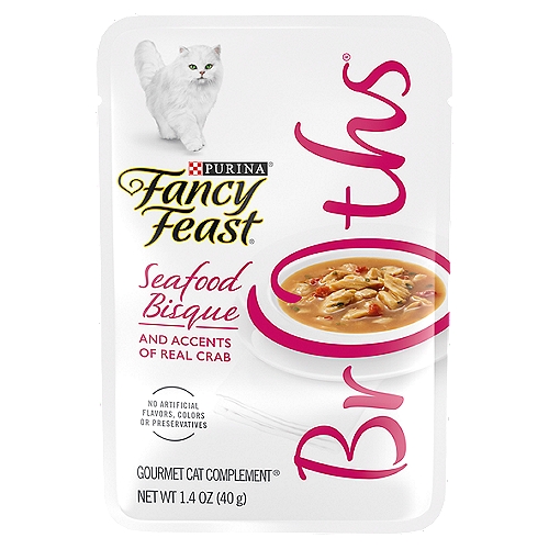 Purina Fancy Feast Broths Seafood Bisque and Accents of Real Crab Gourmet Cat Complement, 1.4 oz