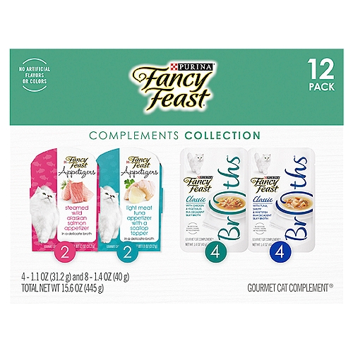 Purina Fancy Feast Grain Free Wet Cat Food Complement Variety Pack, Appetizers & Broths - 12 ct. Box
Indulge your cat with life's small pleasures when you present her with a Purina Fancy Feast Appetizers and Broths wet cat food complement variety pack. Two Fancy Feast Appetizers recipes, including Steamed Wild Alaskan Salmon and Light Meat Tuna With a Scallop Topper, delight her taste buds with handcrafted morsels of real fish in a delicate broth. Plus, our delectable Fancy Feast Broths With Chicken and Vegetables and With Tuna, Shrimp and Whitefish selections offer two gourmet experiences featuring tender bites of real seafood or chicken you can see in a decadent silky broth. All four recipes bring pure joy to your feline companion's day, whether served as a cat treat, snack or meal topper. Our collection of grain free cat food complements uses real, recognizable ingredients that look good enough for you, lovingly crafted just for her. Each recipe is free of fillers, meat by-products and grains for a cat snack that meets your ingredient preferences. Love is in the details.

Gourmet Cat Complement®