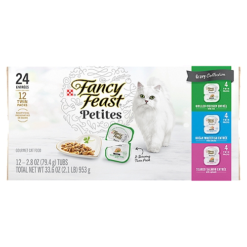 Purina Fancy Feast Gourmet Wet Cat Food Variety Pack, Petites Gravy Collection, break-apart tubs, 24 servings - (12) 2.8 oz. Tubs