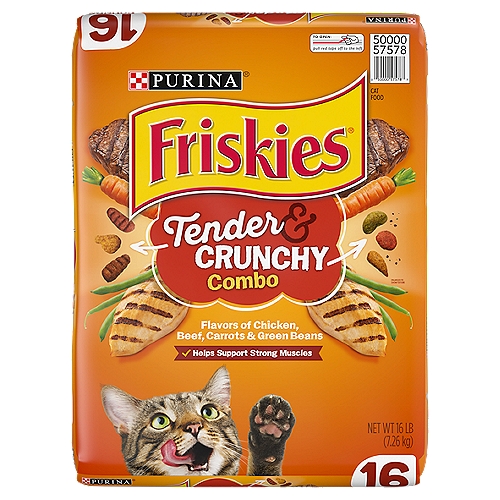 Purina Friskies Tender & Crunchy Combo Cat Food, 16 lb
Meaty tenders with flavors of chicken, beef and turkey
Crunchy bites with flavors of carrots and green beans

100% complete & balanced nutrition with:
Protein to help support strong, lean muscles
Essential fatty acids to help support healthy skin & coat
Vitamin A & taurine to help support clear, healthy vision
Antioxidants to help support a healthy immune system

Purina Friskies Tender & Crunchy Combo is formulated to meet the nutritional levels established by the AAFCO Cat Food Nutrient Profiles for maintenance of adult cats.