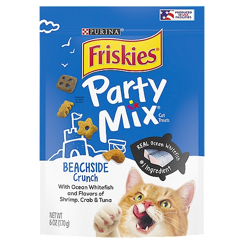 Purina Friskies Party Mix Beachside Crunch Cat Treats, 6 oz
Beachside Crunch with Ocean Whitefish and Flavors of Shrimp, Crab & Tuna Cat Treats

Purina Friskies Party Mix Beachside Crunch is formulated to meet the nutritional levels established by the AAFCO Cat Food Nutrient Profiles for maintenance of adult cats.