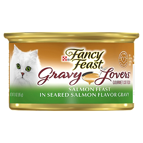 Purina Fancy Feast Gravy Lovers Salmon Feast in Seared Salmon Flavor Gravy Gourmet Cat Food, 3 oznIndulge your cat's love of seafood along with her undeniable craving for savory gravy with Purina Fancy Feast Gravy Lovers Salmon Feast in Seared Salmon Flavor Gravy cat food, and give her delicious taste along with the nutrition she needs for a long life in your lap. The small, tender chunks are ideal for cats from kitten to adult, and the enchanting seared salmon-flavored gravy keeps her at her dish until the last mouthful. She's getting flavors she adores, and you know you're giving her 100 percent complete and balanced nutrition for her daily meal. With essential vitamins and minerals in each serving, this delectable dish helps support her overall good health. The tender texture of this gourmet cat food gives her something to meow over, delighting in each flavorful bite. Give her this Purina Fancy Feast Gravy Lovers meal, and let her know her needs and cravings are as important as the love you share.
