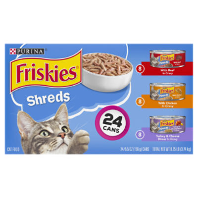 Purina Friskies Gravy Wet Cat Food Variety Pack, Shreds Beef, Chicken and Turkey & Cheese Dinner - (24) 5.5 oz. Cans