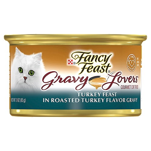 Celebrate your cat with a feast fit for her status in your heart with a dish of Purina Fancy Feast Gravy Lovers Turkey Feast in Roasted Turkey Flavor Gravy adult cat food, and relish her excitement as she heads straight for her bowl at dinnertime. Tempting pieces with turkey give her something to sink her teeth into, providing enticing texture that cats love. The thick and delicious roasted turkey-flavored gravy adds a savory taste for cats who love variety. Offering 100 percent complete and balanced nutrition for adult cats, this meal is a feast for her that you can feel good about. Each serving contains essential vitamins and minerals to help support your cat's overall health, so she's ready for whatever your day together brings. She has her own special tastes and way of looking at life, and Purina Fancy Feast Gravy Lovers Turkey Feast in Roasted Turkey Flavor Gravy adult cat food lets you give her the gourmet quality she loves and deserves.