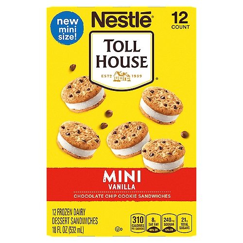 Toll House Mini Vanilla Chocolate Chip Cookie Frozen Dairy Dessert Sandwiches, 12 count, 18 fl oz