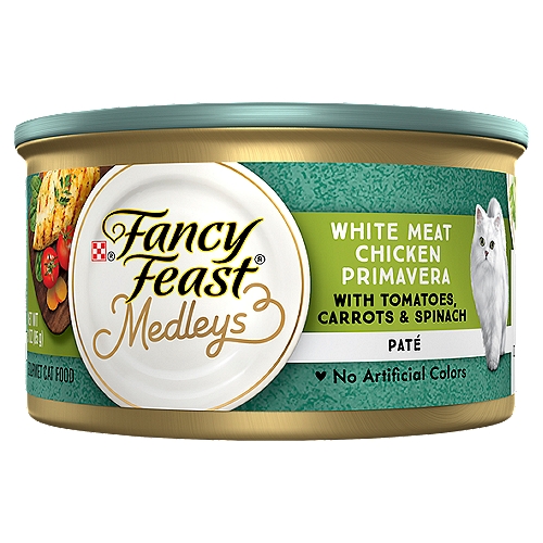 White Meat Chicken Primavera with Tomatoes, Carrots & Spinach Gourmet Cat FoodnnFancy Feast Medleys White Meat Chicken Primavera Pate is Formulated to Meet the Nutritional Levels Established by the AAFCO Cat Food Nutrient Profiles for Maintenance of Adult Cats.