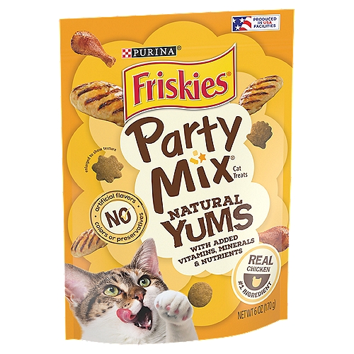 Purina Friskies Party Mix Natural Yums Chicken Cat Treats, 6 oz
Friskies Party Mix Natural Yums with Real Chicken & Accents of Sunflower and Seaweed is formulated to meet the nutritional levels established by the AAFCO Cat Food Nutrient Profiles for maintenance of adult cats.