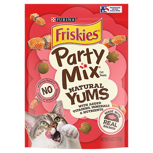 Make every moment feel like a celebration when you offer up Purina Friskies Party Mix Natural Yums With Real Salmon With Added Vitamins, Minerals and Nutrients adult cat treats. Made with real fish as the number 1 ingredient, these wholesome treats for adult cats give your feline friend the mouthwatering seafood taste she craves. Our tasty cat snacks are the purr-fect way to pamper your kitty because they contain 100 percent complete and balanced nutrition for adult cats. Provide these treats as a cat snack to keep her happy between meals, or dole out a few pieces along with her dinner to show your cat just how much you love having her around. Fun shapes hold her attention as she crunches away at these yummy Friskies cat treats, which are made with no artificial colors, flavors or preservatives. Tear open a pouch of Purina Friskies Party Mix Natural Yums With Real Salmon adult cat dental treats to delight your precious pet with tasty flavor and high-quality ingredients.