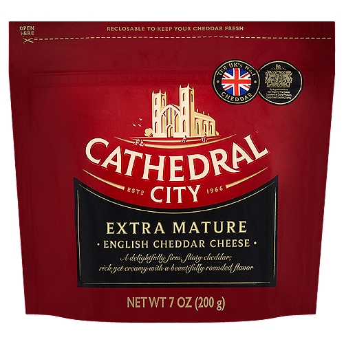 Cathedral City Extra Mature English Cheddar Cheese, 7 oz
White Cheddar Cheese

A delightfully, firm, flinty cheddar; rich yet creamy with a beautifully rounded flavor
