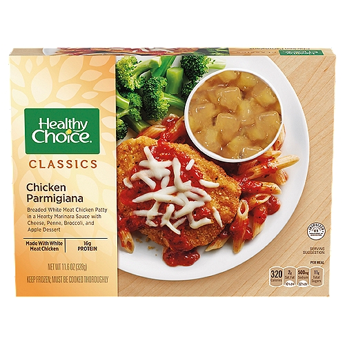 Healthy Choice Classics Chicken Parmigiana, 11.6 oz
Healthy Choice Classics Complete Meals Chicken Parmigiana Frozen Meal satisfies your cravings with a hearty recipe and wholesome ingredients. Savor a quick and delicious meal from the microwave anytime. If a dish could taste like a beautifully rustic Italian countryside, this would be it. Juicy and lightly breaded chicken patty served over a bed of al dente pasta, covered in a robust marinara sauce and melted cheese. It comes with a side of broccoli and a caramel apple dessert that never disappoints. Perfect for an on-the-go lunch or a quick and delicious dinner at home after a long day, this single-serve meal contains 320 calories, 0 grams of trans fat and 16 grams of protein to keep you satisfied. Healthy Choice makes it easy to eat mindfully with bold, flavorful meals made with high-quality ingredients and classic recipes that are easy to prepare. Stock your freezer with a variety of Healthy Choice Classics Complete Meals to keep healthy, wholesome meals on hand.