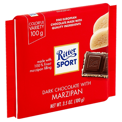 Ritter Sport Dark Chocolate with Marzipan Colorful Variety, 3.5 oz
Dark Chocolate with a Marzipan Filling.

Quality. Chocolate. Squared.®