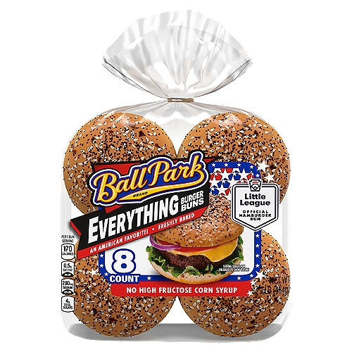 Take your burgers to the next level with Ball Park Everything Hamburger Buns. Golden brown and topped with a bold mix of poppy seeds, sesame seeds, onion and garlic, these buns burst with flavor for an unforgettable burger every time! So when you expect big flavor, you can count on an American-favorite bun. Always freshly baked, soft and delicious, it's no surprise Ball Park is America's number one bun! Baked with pride, using the finest ingredients, there's great fresh taste in every bite - we guarantee you'll love it or we'll send your money back. 8 pre-sliced freshly baked Ball Park Everything Burger Buns. Topped with a bold mix of poppy seeds, sesame seeds, onion, garlic and sea salt.