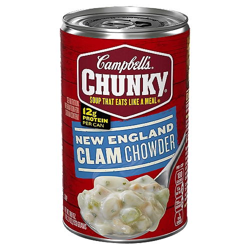 Campbell's Chunky New England Clam Chowder Soup, 18.8 oz
Campbell's Chunky New England Clam Chowder isn't just about taste. This rich, flavorful and hearty soup showcases the authenticity of its East Coast recipe in every bite. A classic comfort food, this delicious soup is crafted with generous pieces of succulent clam and hearty potatoes. Each can has 12 grams of protein (1). It Fills You Up Right. Just pop this soup into a saucepan or microwave-safe bowl, heat and enjoy. Or, heat it over the campfire on your outdoor adventures. Kick up it up a notch by pouring this hearty chowder into a bread bowl. Whether you're looking for quick and easy microwave soups for home or something to take on the go, Campbell's has you covered. The soup can is recyclable for easy disposal. Take on the great outdoors with Campbell's Chunky New England Clam Chowder—Soup That Eats Like a Meal.
(1) See nutrition information for sodium content.