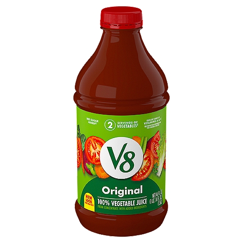 V8 Original 100% Vegetable Juice is a unique and satisfying plant based juice blend that gives your body the replenishment it needs. Made using a blend of tomato and other delicious vegetable juices, this juice drink is an easy and satisfying way to help meet your daily needs. Gluten free V8 juice contains a flavorful mix of vegetable juices and tomato juice. This V8 juice does not contain MSG, added sugars*, high fructose corn syrup or artificial colors. This V8 vegetable juice contains two full servings of vegetables per 8 fl oz serving. Also an excellent source of vitamin A and vitamin C, this vegetable juice is an easy way to get the plant-powered boost you need. Enjoy this V8 100% juice as a wholesome afternoon snack on a busy day, or drink it post workout to refill your body with nutrients. Experience the delicious taste of V8: The Original Plant-Powered Drink.

*Not a low calorie food