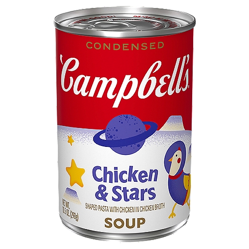 Campbell's Condensed Chicken & Stars Kids Soup is sure to be the star of the meal. When it comes to being a family favorite, this soup is just the beginning. Made with the original enriched star-shaped pasta you know and love, flavorful broth, tender chicken with no antibiotics, and carrots and celery, parents can trust each and every fun-filled spoonful. Crafted with honest, high-quality ingredients like chicken meat and carrots without any artificial flavors and no added MSG, all you have to do is just add water! This pantry staple is the start to a great meal and easy to customize. Share the love of stars from your childhood with your kids! M'm! M'm! Good!
