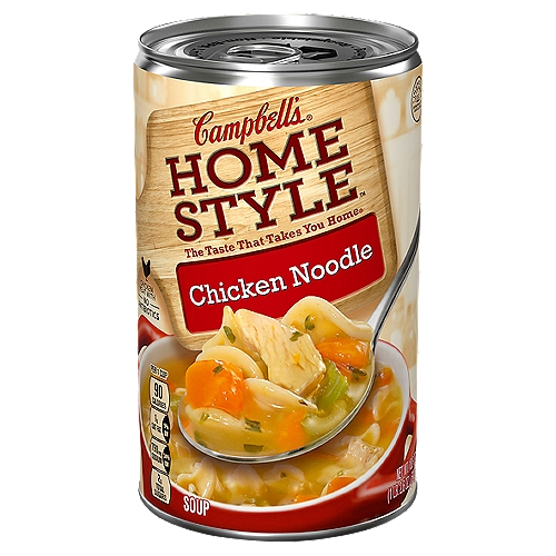Campbell's Home Style Chicken Noodle Soup, 18.6 oz
Enjoy quality flavors that feel like home with Campbell's Homestyle Chicken Noodle Soup. Every spoonful of this chicken soup is crafted with the simple, delicious ingredients you grew up on. This homestyle soup is made with tender chicken meat, hearty carrots and celery and enriched egg noodles for that familiar taste that's sure to be a family favorite. Campbell's Homestyle Chicken Noodle Soup is made with chicken meat with no antibiotics for the quality you expect. Just heat in a covered microwave-safe bowl for up to three minutes, let sit for one minute and enjoy. This hearty chicken noodle soup is perfect for nostalgic lunches at the office or part of family dinners at home. Each soup can is non-BPA lined and easily recyclable. Journey back home with every spoonful of Homestyle Chicken Noodle Soup, crafted from a place you trust—Campbell's.