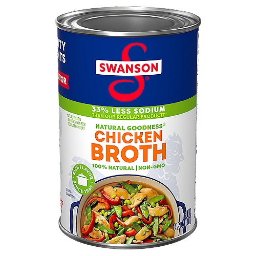 Swanson Natural Goodness Chicken Broth, 14.5 oz
Swanson Natural Goodness Chicken Broth brings the perfectly balanced flavors of farm-raised chicken, vegetables picked at peak freshness, and high-quality seasonings with 33% less sodium than our regular broth* to let the natural flavors shine through. Each batch of Swanson Natural Goodness Chicken Broth starts with a premium double stock that's gently simmered for simmered for 12 hours for richer flavor. And, just like homemade, our chicken broth uses only 100% natural ingredients — Swanson Natural Goodness Chicken Broth is made with no added MSG, no artificial flavors, no artificial colors, no preservatives, has 0g fat, and is gluten-free and non-GMO. Whether it's chicken noodle soup, mashed potatoes, or your favorite stuffing, start with Swanson Natural Goodness Chicken Broth for richer, homemade flavor. Taste the Swanson Difference. 
*[This product contains 1000mg of sodium per 1 can serving vs. 1500mg of sodium per 1 can serving in regular Swanson chicken broth]
